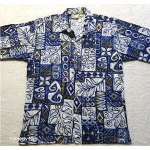 VTG Coldwater Creek ButtonUp Shirt XL 100%Cotton Blue White Olive Abstract Print